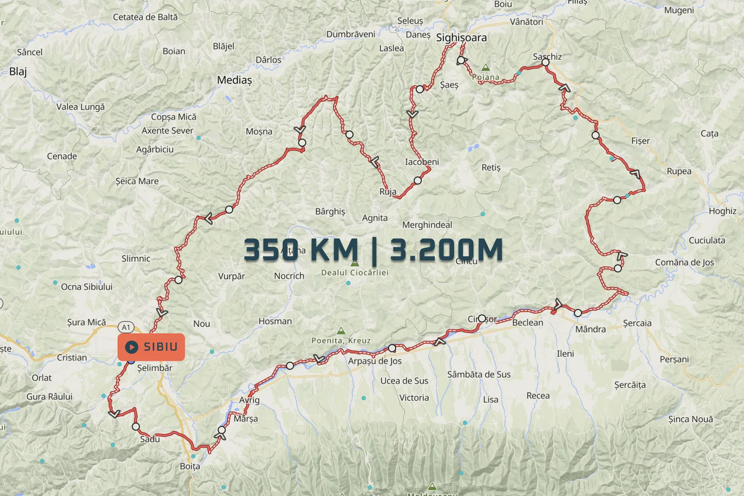 The short route on a map of southern Transylvania: 350 km and 3,200 m of climbing, 25–30 June 2027, from Sibiu along the Olt, north to Sighișoara, past Biertan and Richiș and back.
