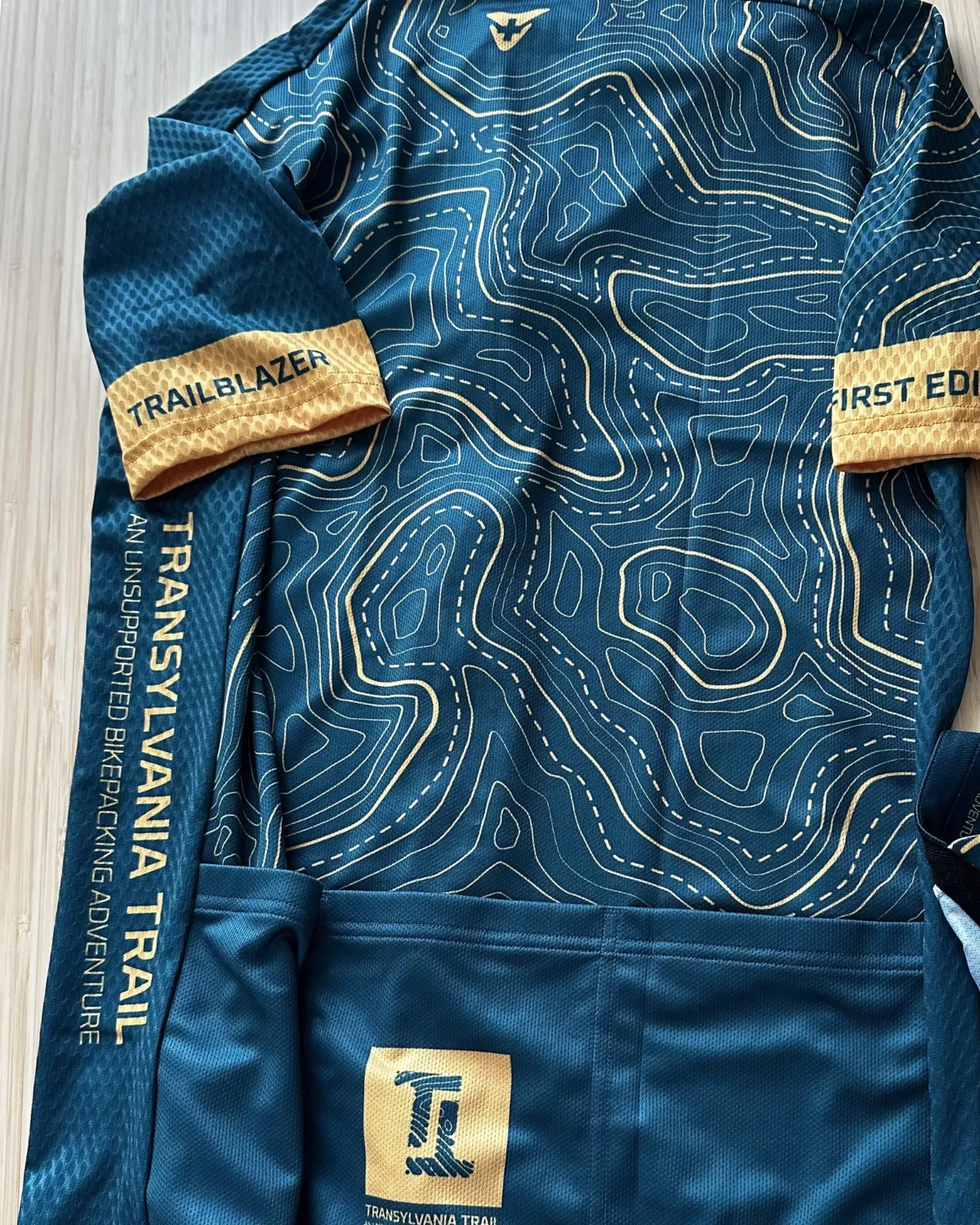 The Transylvania Trail jersey from the back: deep teal with gold contour lines and gold sleeve cuffs.