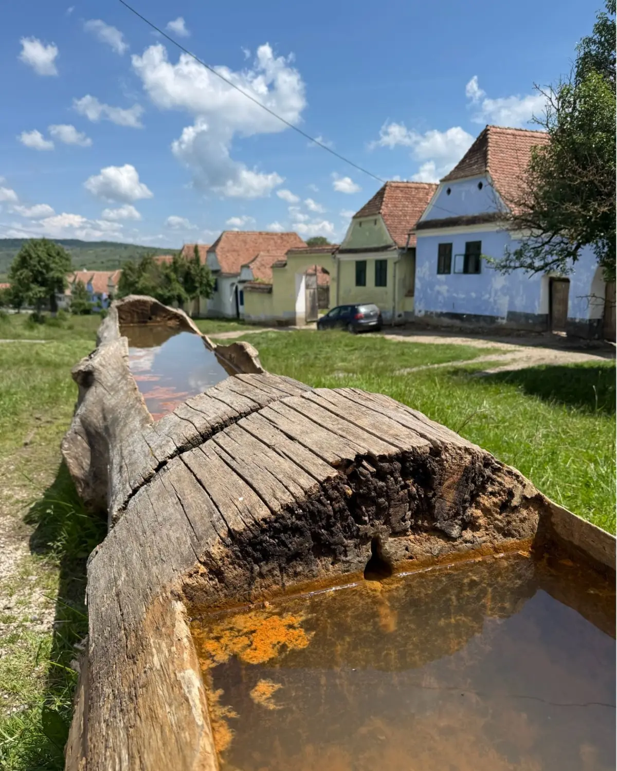 An old wooden water trough in front of blue and green Saxon houses in Viscri.