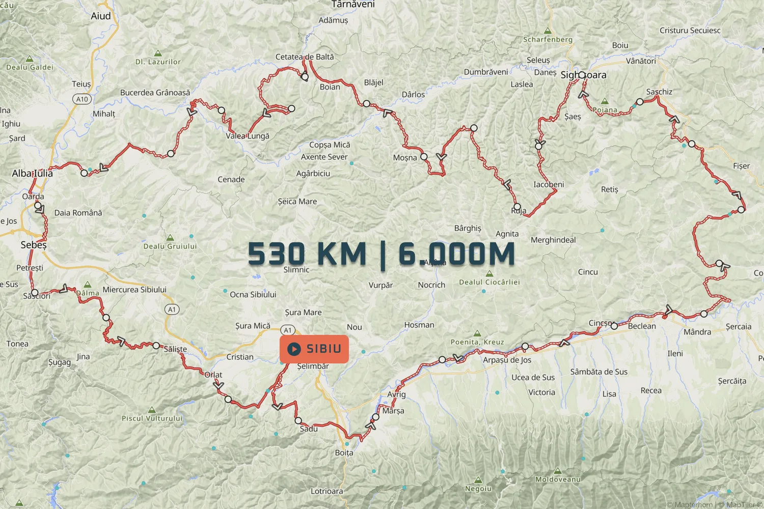 The full route on a map of southern Transylvania: 530 km and 6,000 m of climbing, 25–30 June 2027, from Sibiu to Făgăraș, Sighișoara, Cetatea de Baltă, Sebeș and back.
